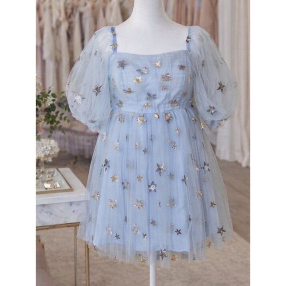 Pomuyoo Blue Star‑Embellished Tulle Puffy Sleeve Corset‑Back Mini Dress Size 10